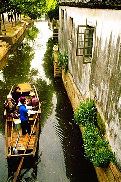 High angle view of a rowboat in canal, Luzhi, China