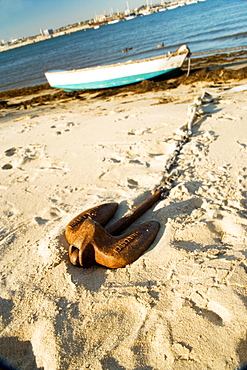 Side profile of a rowboat parked on the shore, San Diego, California, USA