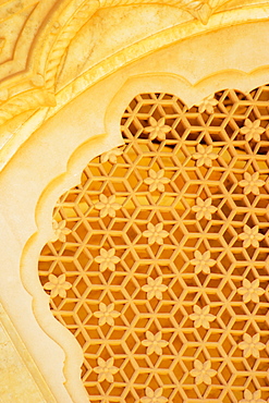 Close-up of carved stone wall of a palace, Royal Gaitor, Jaipur, Rajasthan, India