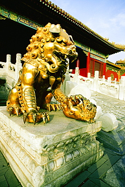 Statue of a lion in front of a building, Forbidden City, Beijing, China