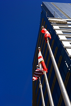Low angle view of flags in front of a building, Miami, Florida, USA
