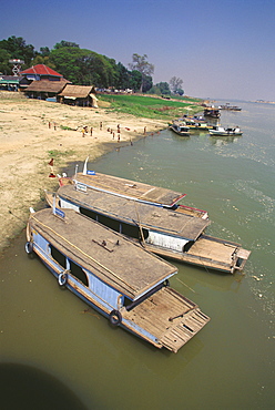 High angle view of tourboats moored at the riverbank, Mingun, Sagaing Divison, Myanmar