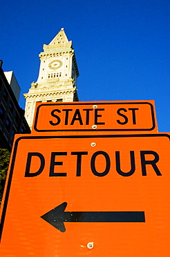 Sign board in front of a clock tower, Custom House, Boston, Massachusetts, USA