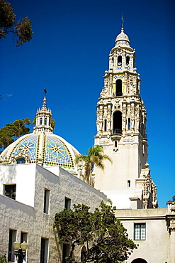 Low angle view of a steeple against a blue sky, San Diego, California, USA