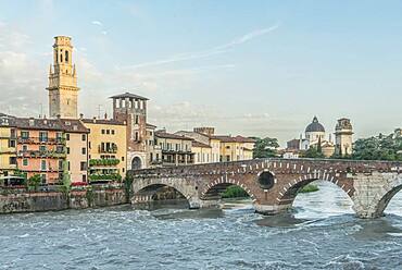 View of the Ponte Pietra over the Adige River in Verona, Italy.