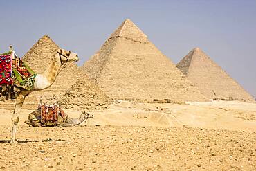 Three pyramids, monuments and burial tombs of the pharaohs Khufu, Khafre, and Menkaure.