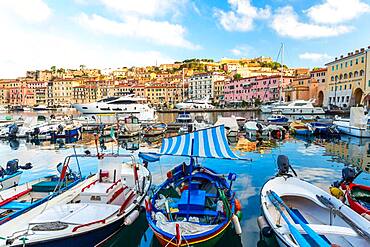 Harbour of Portoferraio, boats moored close together, Portoferraio, Elba, Italy