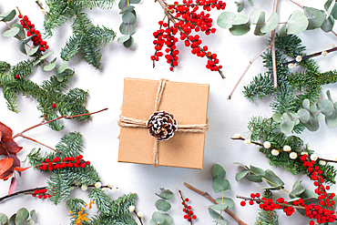 Christmas decorations on a white background, and a gift wrapped present