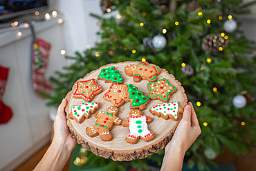 Overhead view, Christmas decorated cookies, iced biscuits.