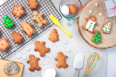 Overhead view, Christmas decorated cookies, iced biscuits.