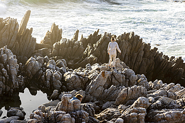 Two children exploring jagged rocks and rock pools by the ocean