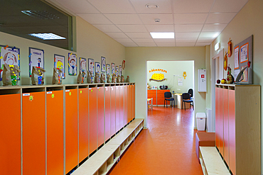 Modern day care nursery or pre-school kindergarten, spacious interiors, lockers and storage