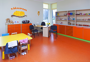 Modern day care nursery or pre-school kindergarten, spacious interiors, lockers and storage