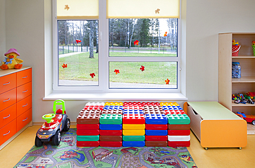 Modern day care nursery or pre-school kindergarten school, spacious interiors, play equipment