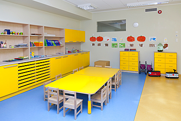 Modern day care nursery or pre-school kindergarten school, spacious interiors, classroom