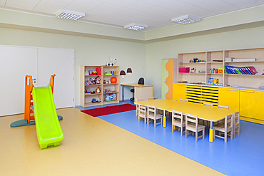 Modern day care nursery or pre-school kindergarten school, spacious interiors, classroom