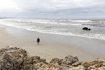 A man walking across sand to the water's edge on a beach, overcast day and surf waves breaking on shore, Grotto Beach, Western Cape, South Africa