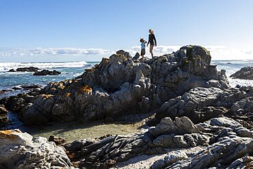 Two children, a teenage girl and eight year old boy exploring the jagged rocks and rockpools on a beach, Pearly Beach, Gansbaai, Western Cape, South Africa