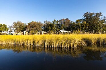 Small group of permanent safari camp tents by a waterway, Okavango Delta, Botswana