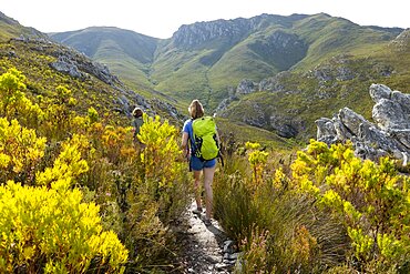 A teenage girl walking along a path in the mountains with a backpack, Phillipskop Nature Reserve, Western Cape, South Africa