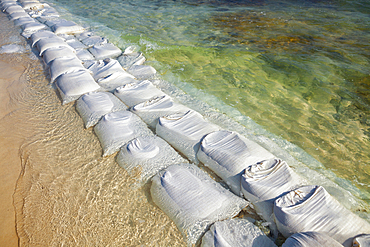 Sandbags in rows at the water's edge to prevent erosion of the beach