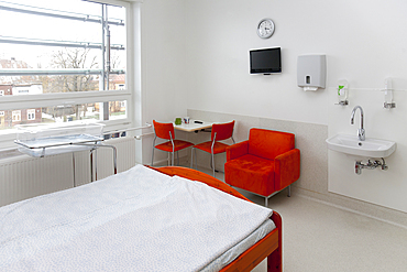 A patient room in a modern hospital.