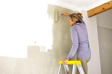 A woman on a ladder using a paint roller, decorating a room