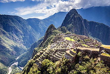 Machu Picchu, the Inca citadel high in the Andes, above the Sacred Valley, plateau with buildings and terraces, Machu Picchu, Peru