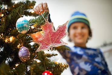 A young boy holding Christmas ornaments and placing them on the Christmas tree, Woodstock, New York, USA