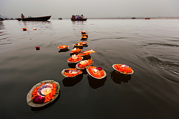 Candles floating in the Ganges River, Varanasi, India, Ganges River, Varanasi, India