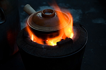 Pot simmering on a small barbeque, Yangon, Myanmar, Yangon, Myanmar