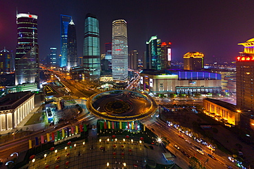 The Lujiazui Traffic Circle, with an elevated pedestrian promenade, at night, Shanghai, China, Shanghai, China