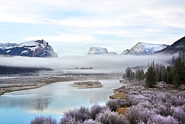 View of Squaretop Mountain, and the Wind River, at dawn, with low hanging mist over the valley, Square Top Mountain, Green River Lakes Area, Wyoming, USA