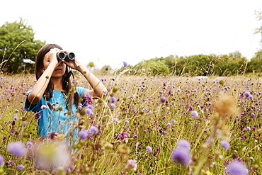 A girl holding binoculars, a young bird watcher standing in a meadow of tall grass and wild flowers, Bristol, Avon, England