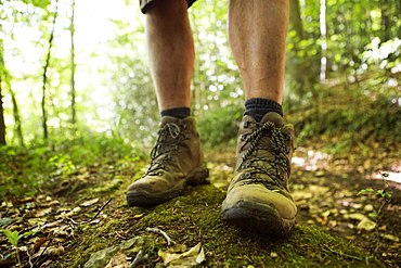 Close up of a man's feet in hiking boots on a woodland path in summer, Gloucestershire, England