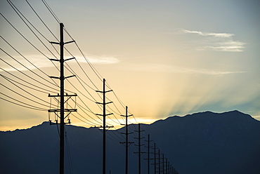 A row of poles and communication or power lines at sunset, United States of America