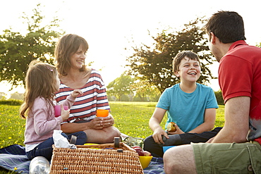 A family, two parents and two children outdoors in the summer having a picnic, England, United Kingdom