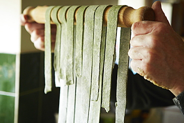 A man making fresh pasta with nettles and foraged plants, England, United Kingdom