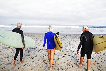 Senior woman and two senior men on a beach, wearing wetsuits and carrying surfboards, United States of America