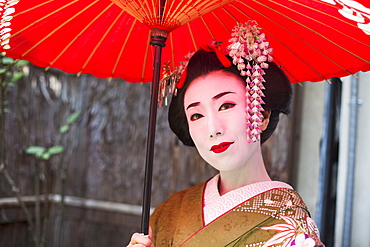 A woman dressed in the traditional geisha style, wearing a kimono with an elaborate hairstyle and floral hair clips, with white face makeup with bright red lips and dark eyes holding a red paper parasol, Japan