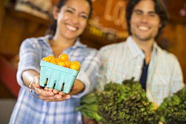 Two people with baskets of tomatoes and curly green leafy vegetables. Working on an organic farm, Woodstock, New York, USA