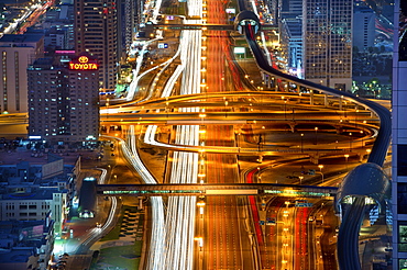 Aerial view of illuminated Sheikh Zayed Road in central Dubai, United Arab Emirates, Dubai, United Arab Emirates