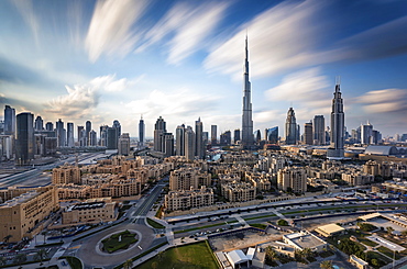 Cityscape of Dubai, United Arab Emirates, with the Burj Khalifa skyscraper and other buildings in the foreground, Dubai, United Arab Emirates