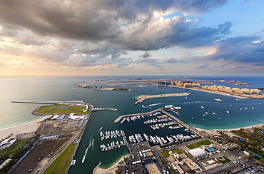 Aerial view of the cityscape of Dubai, United Arab Emirates, with skyscrapers and the marina in the foreground, Dubai, United Arab Emirates