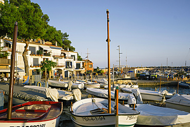 Moored boats on beach at dusk, Llafranc, Costa Brava, Catalonia, Spain, Spain