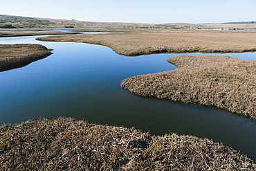 The open spaces of marshland and water channels. Flat calm water.