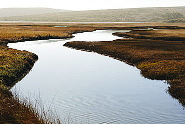 The open spaces of marshland and water channels. Flat calm water.