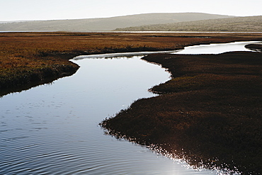 The open spaces of marshland and water channels. Flat calm water.
