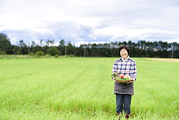 Woman with black hair wearing checkered shirt standing in a field, holding basket with fresh vegetables, smiling at camera, Japan