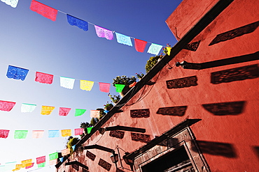 Multicolour banners against blue sky, San Miguel de Allende, Guanajuato, Mexico, San Miguel de Allende, Guanajuato, Mexico